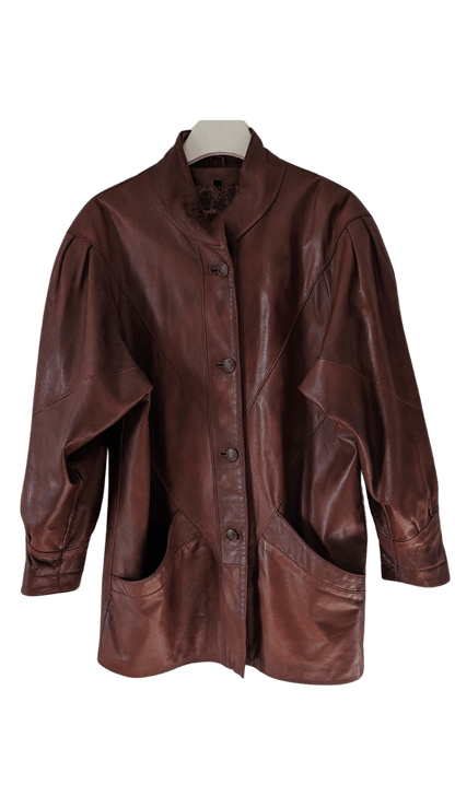 Brązowa vintage skórzana kurtka oversize z bufiastymi rękawami - RESTYLER