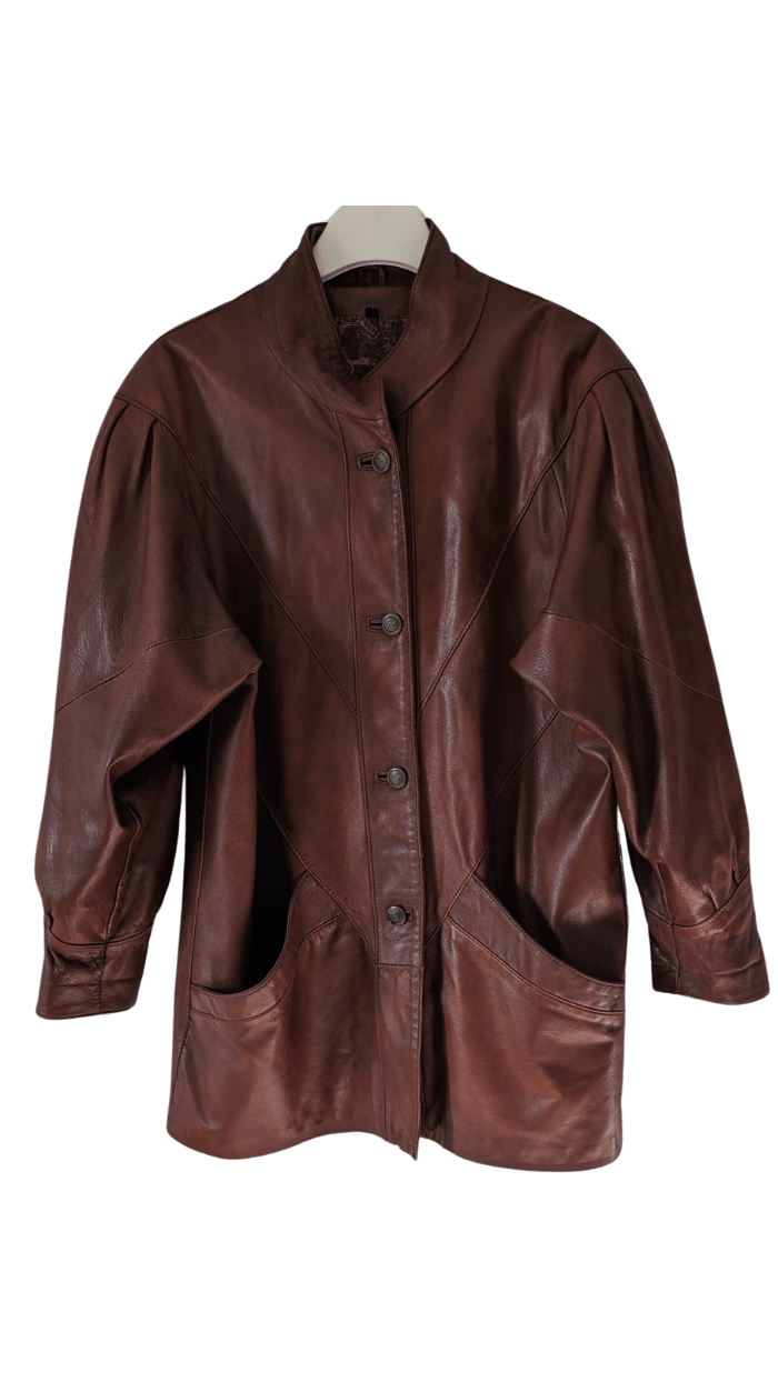Brązowa vintage skórzana kurtka oversize z bufiastymi rękawami - RESTYLER