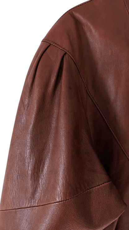 Brązowa vintage skórzana kurtka oversize z bufiastymi rękawami - RESTYLER