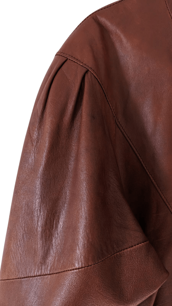 Brązowa vintage skórzana kurtka oversize z bufiastymi rękawami - RESTYLER