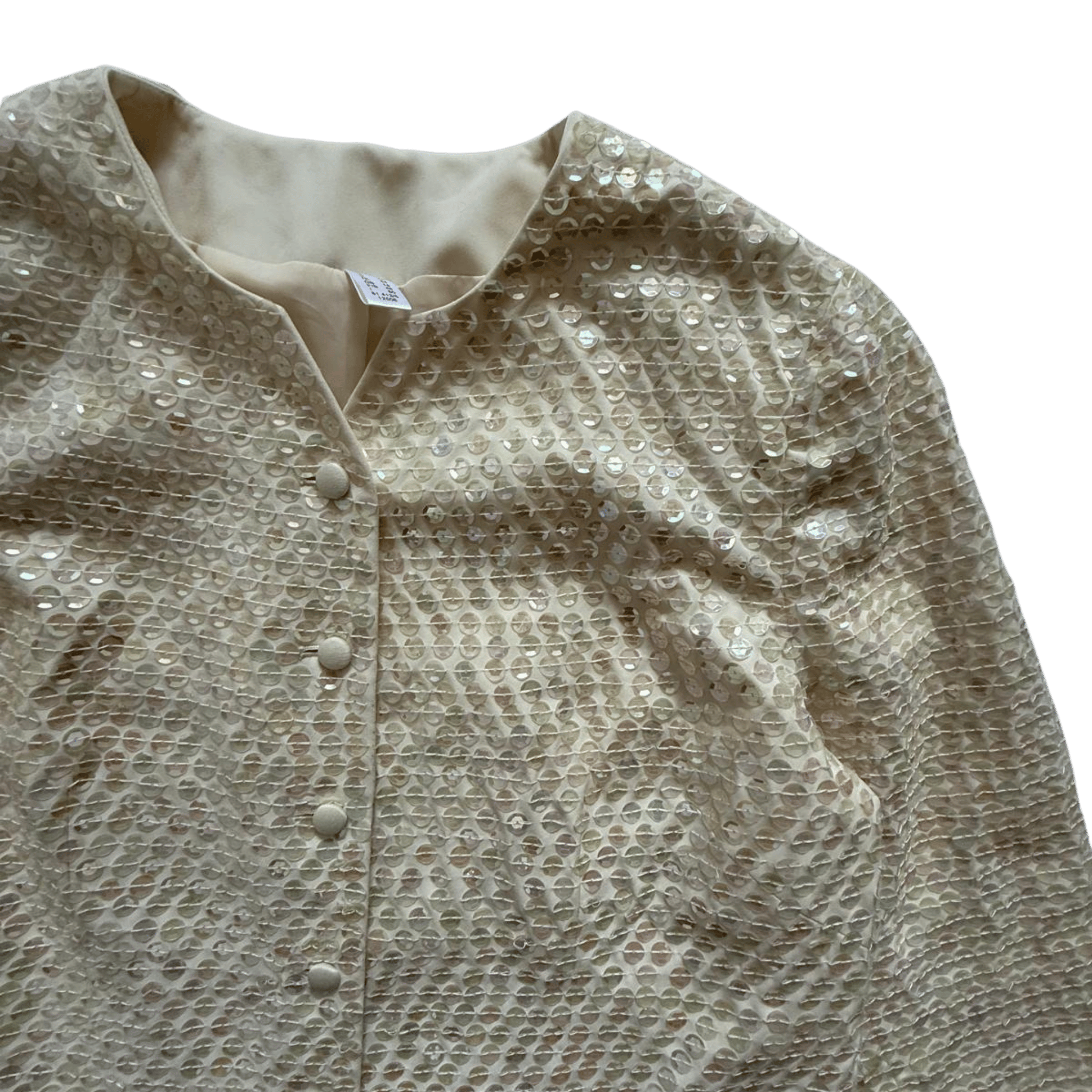 Elegant cream vintage jacket with sequins, shiny evening cape – retro 60s style.