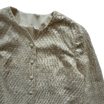 Elegant cream vintage jacket with sequins, shiny evening cape – retro 60s style.