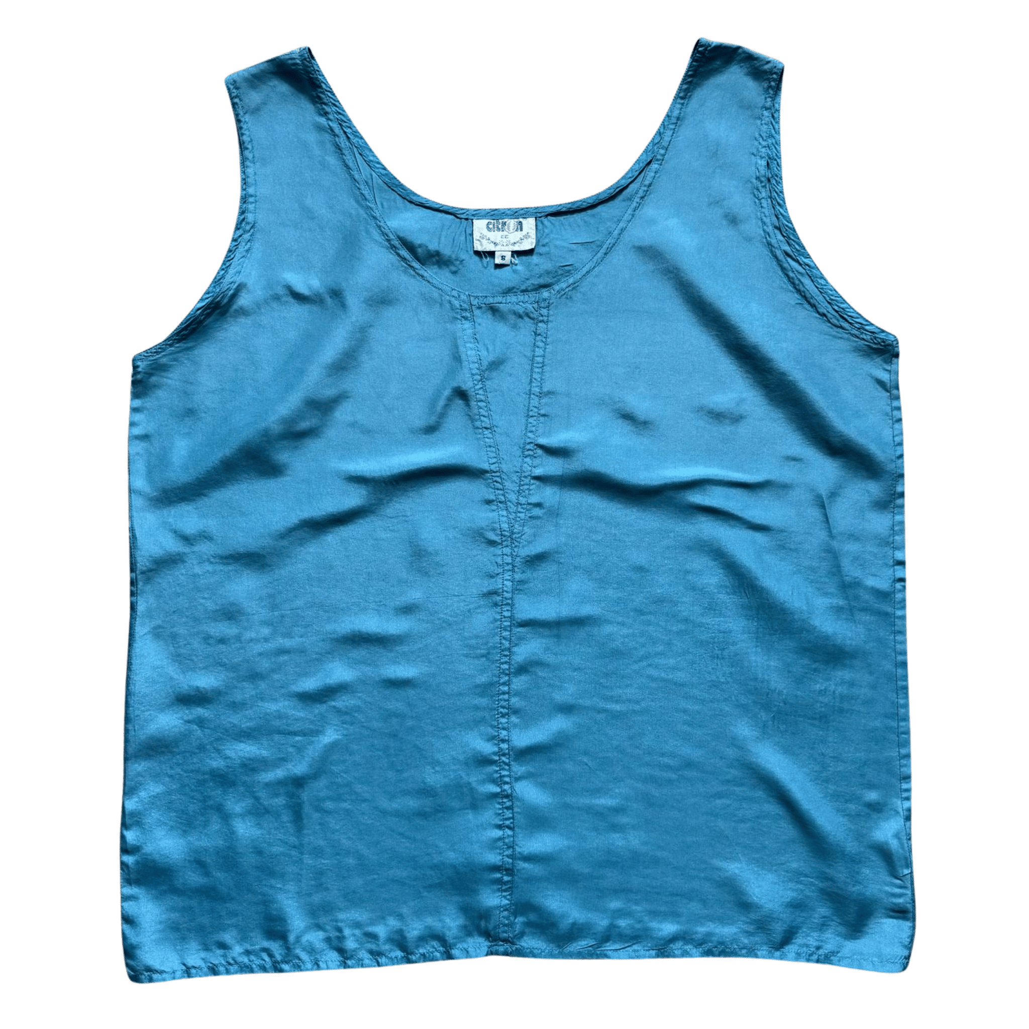 Sleeveless blue silk satin top with a scoop neckline