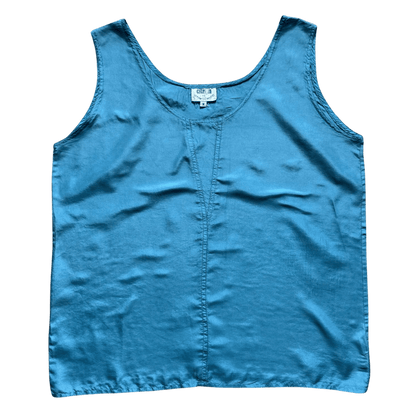Sleeveless blue silk satin top with a scoop neckline