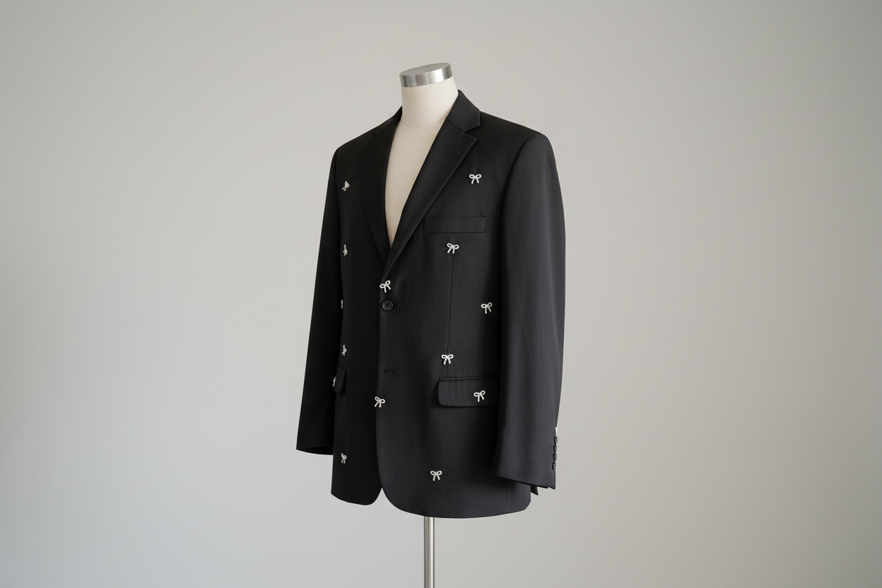 Czarna marynarka vintage z haftowanymi kokardkami i klasycznym krojem - RESTYLER