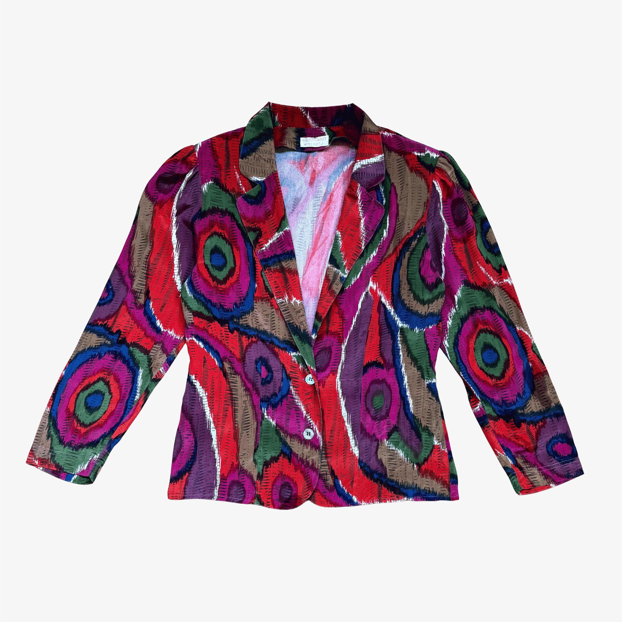 Kolorowa vintage marynarka z abstrakcyjnym printem – artystyczna ekspresja lat 80.