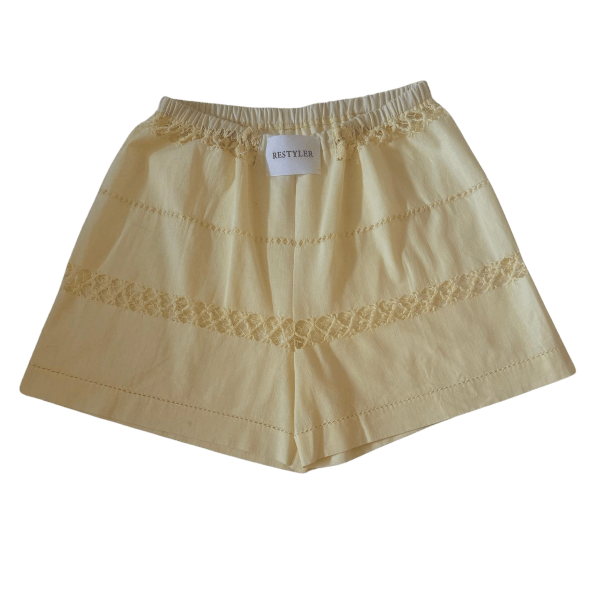 Upcycled yellow cotton tablecloth shorts with lace – RESTYLER