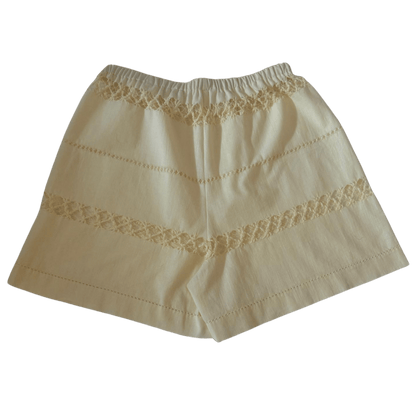 Upcycled yellow cotton tablecloth shorts with lace – RESTYLER