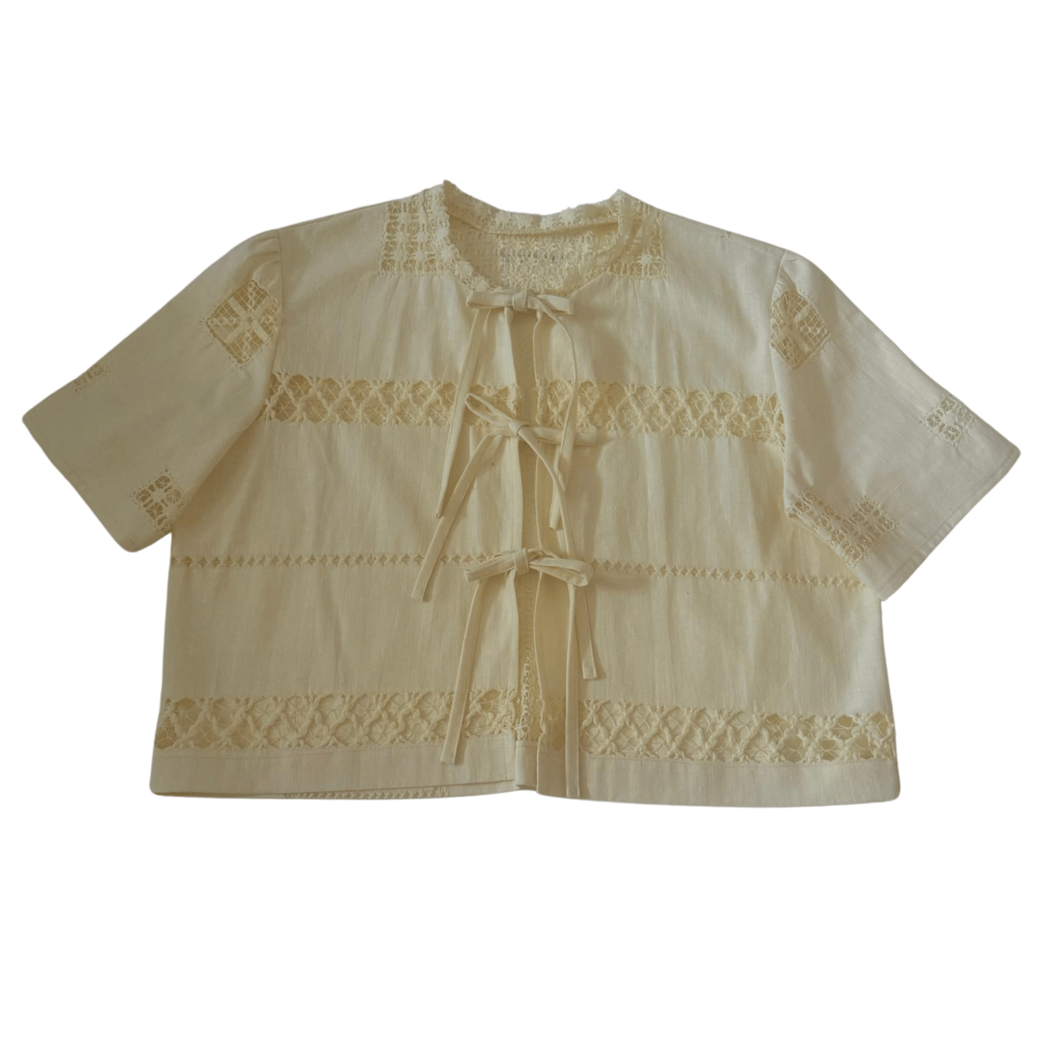 Upcycled cotton tablecloth short blouse with lace and tie detail – pastel yellow – RESTYLER