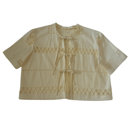 Upcycled cotton tablecloth short blouse with lace and tie detail – pastel yellow – RESTYLER