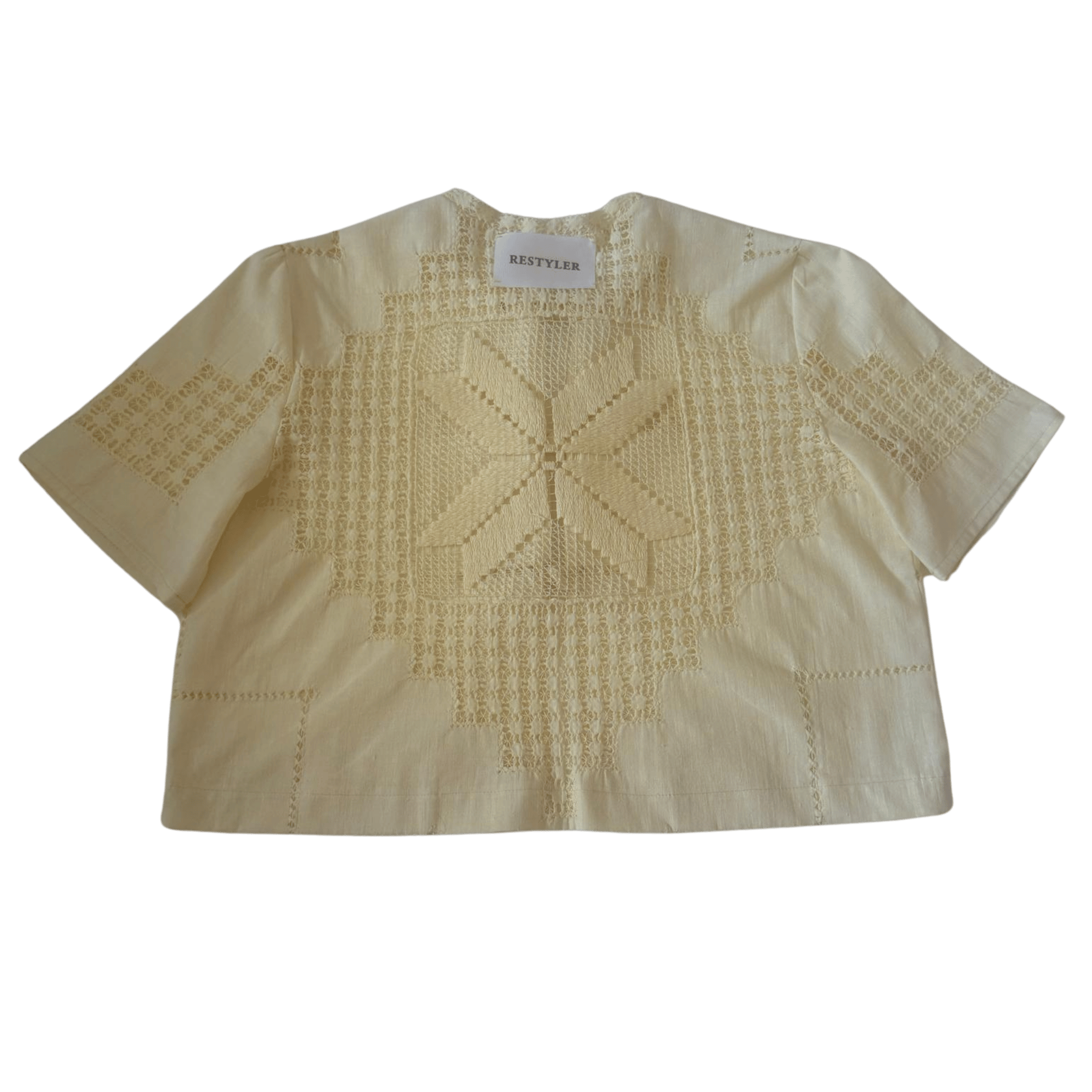 Upcycled cotton tablecloth short blouse with lace and tie detail – pastel yellow – RESTYLER