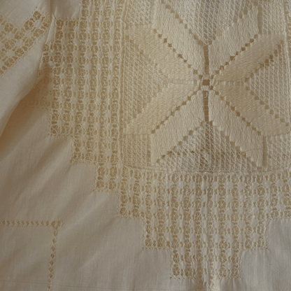 Upcycled cotton tablecloth short blouse with lace and tie detail – pastel yellow – RESTYLER