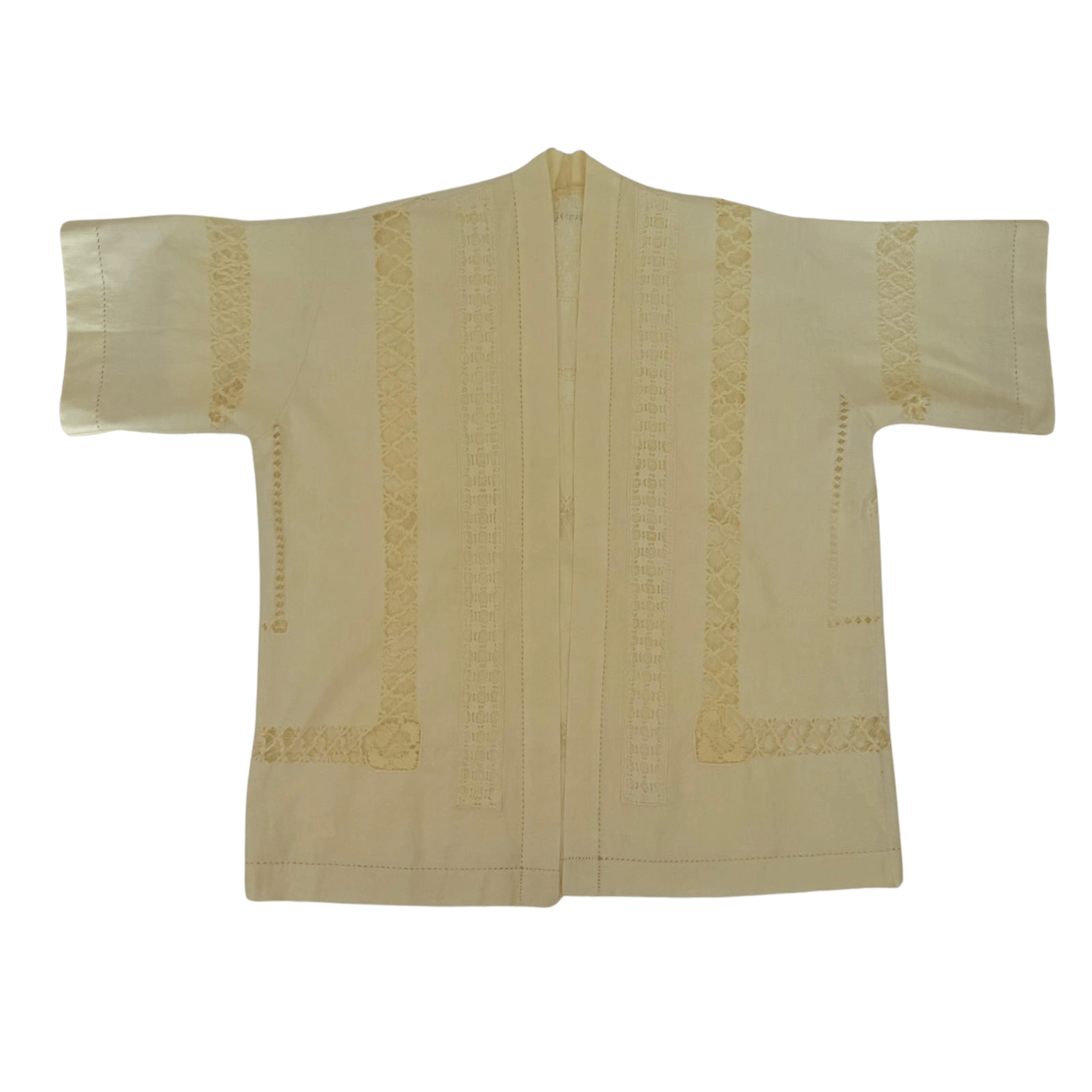Upcycled women's kimono made of cotton tablecloth with lace and belt - pastel yellow - RESTYLER