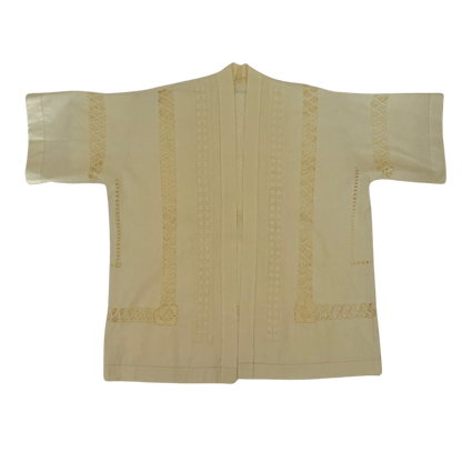 Upcycled women's kimono made of cotton tablecloth with lace and belt - pastel yellow - RESTYLER