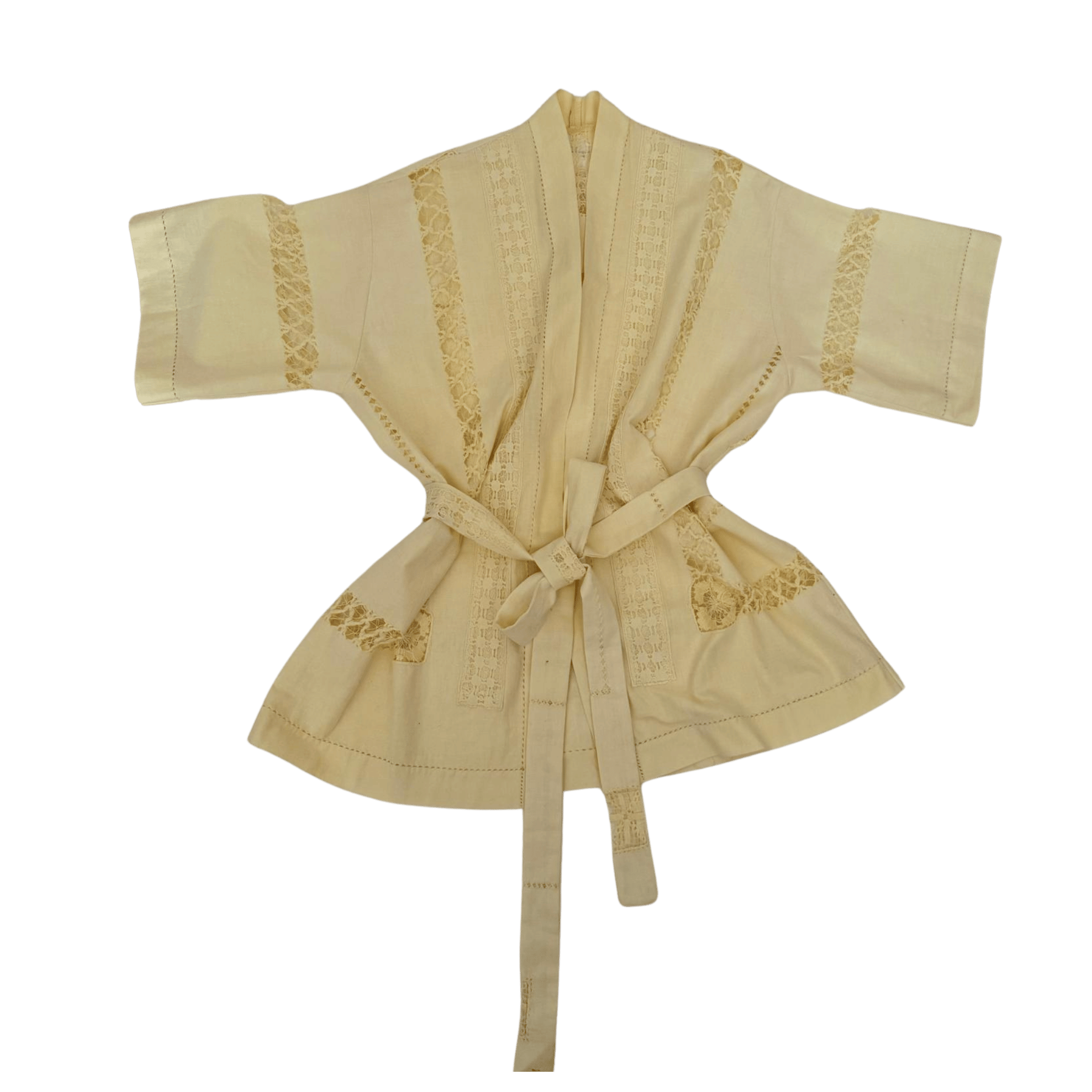 Upcycled women's kimono made of cotton tablecloth with lace and belt - pastel yellow - RESTYLER