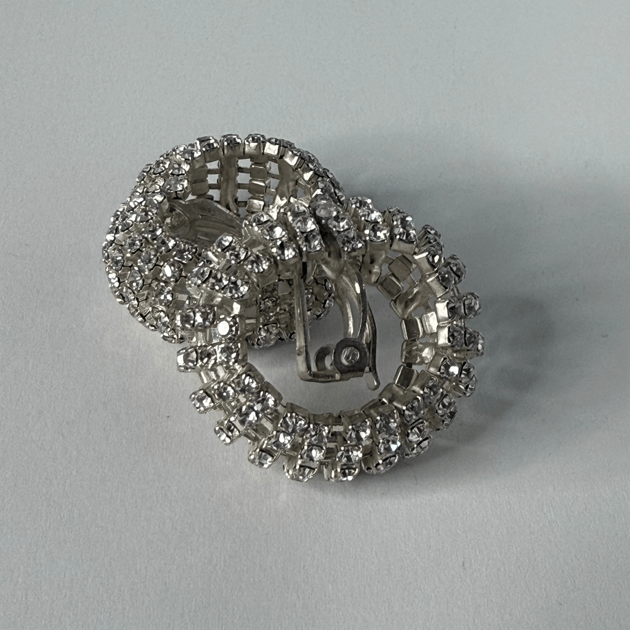 Vintage 80s style clip earrings – round silver clip earrings with cubic zirconia