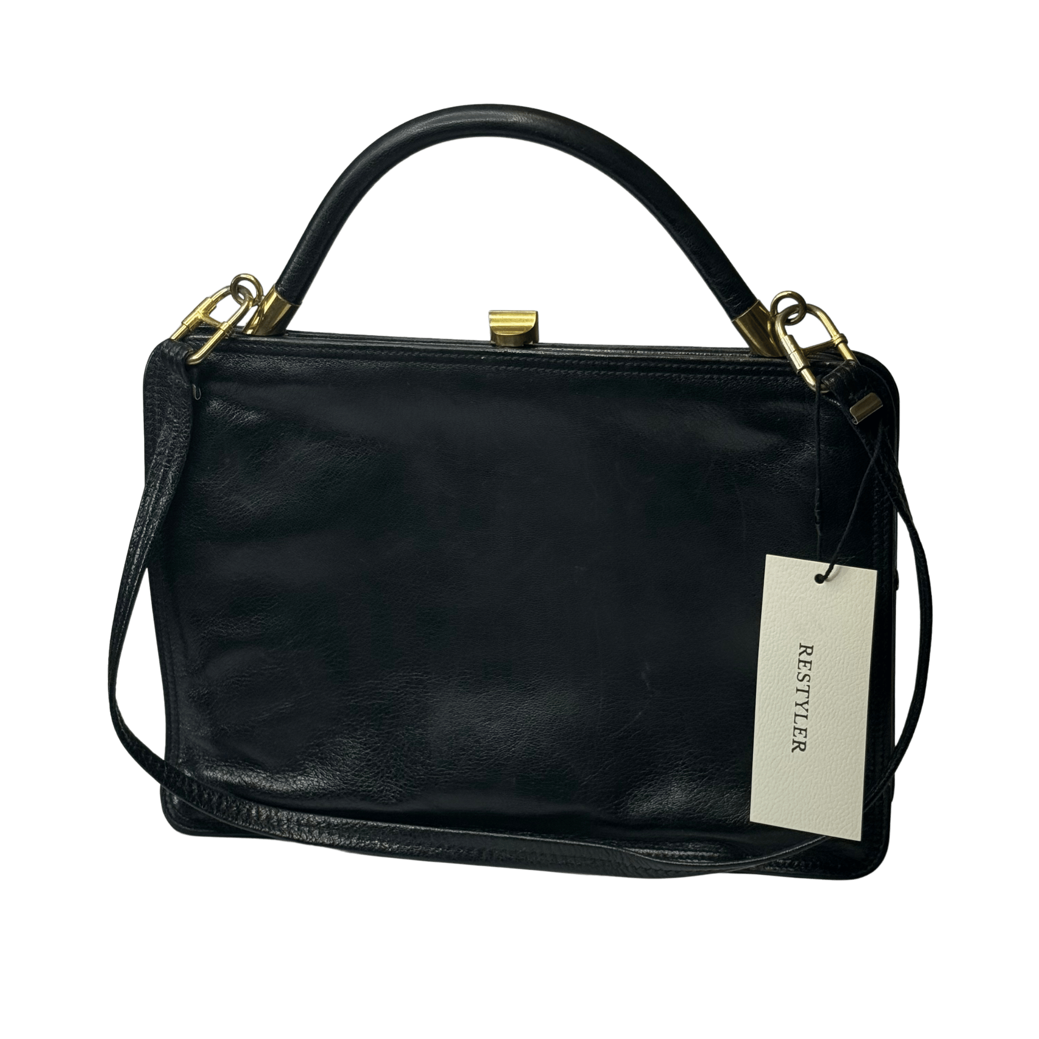 Black vintage leather bag with handle – minimalist design with metal details
