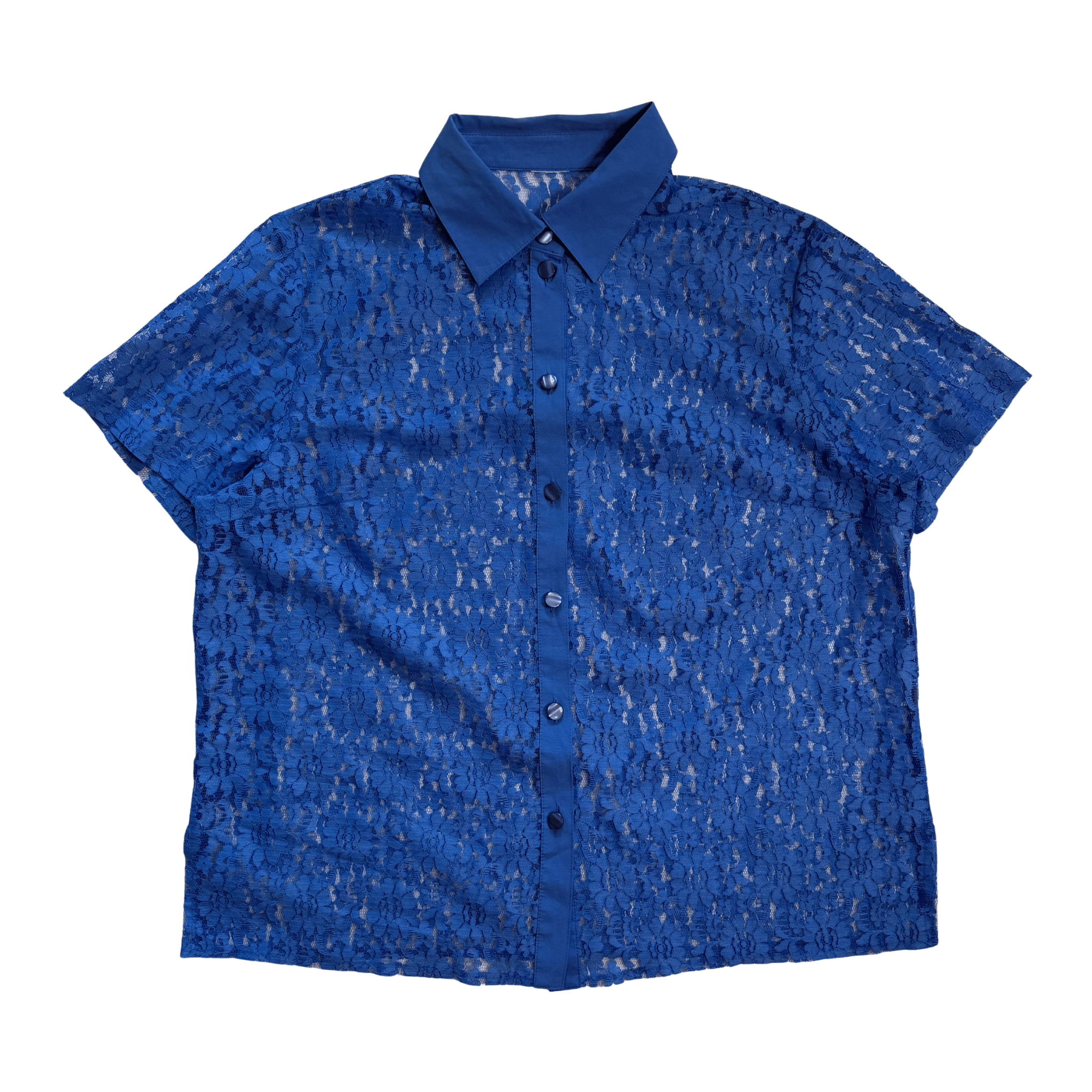 Sheer blue vintage shirt with short sleeves – lace structure and classic collar