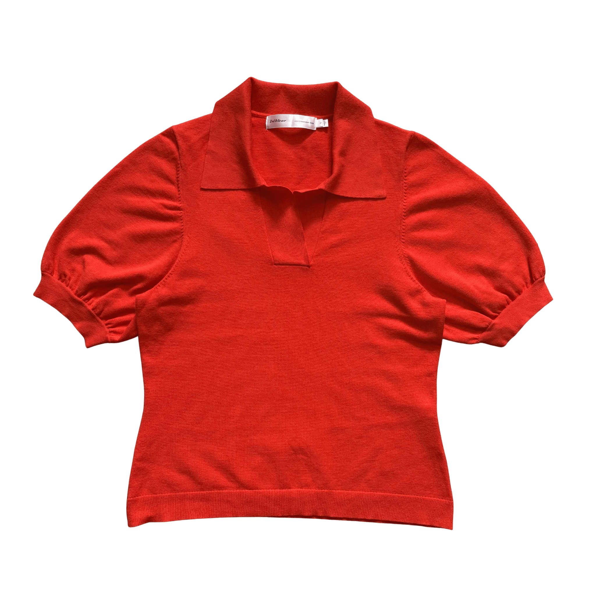 Red vintage knit top with puff sleeves and collar