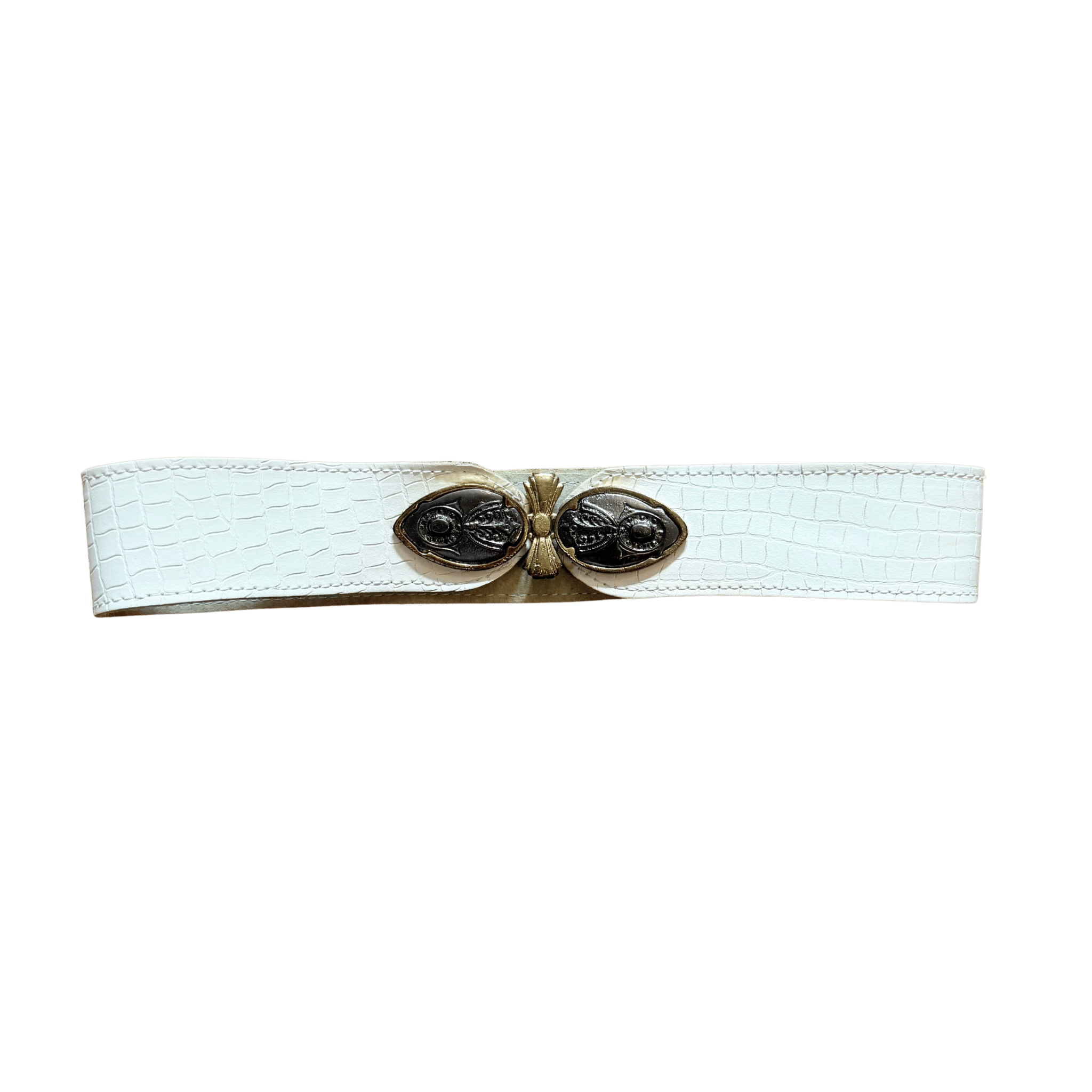 White vintage belt with crocodile texture and decorative buckle