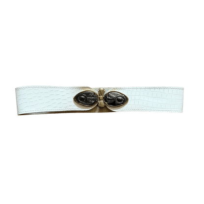 White vintage belt with crocodile texture and decorative buckle