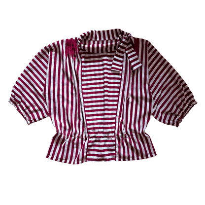 Vintage white and burgundy striped blouse with tie at the neck