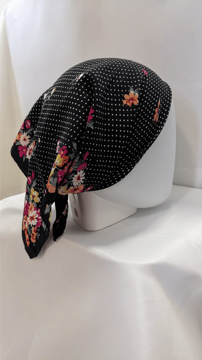 Black polka dot scarf with floral pattern