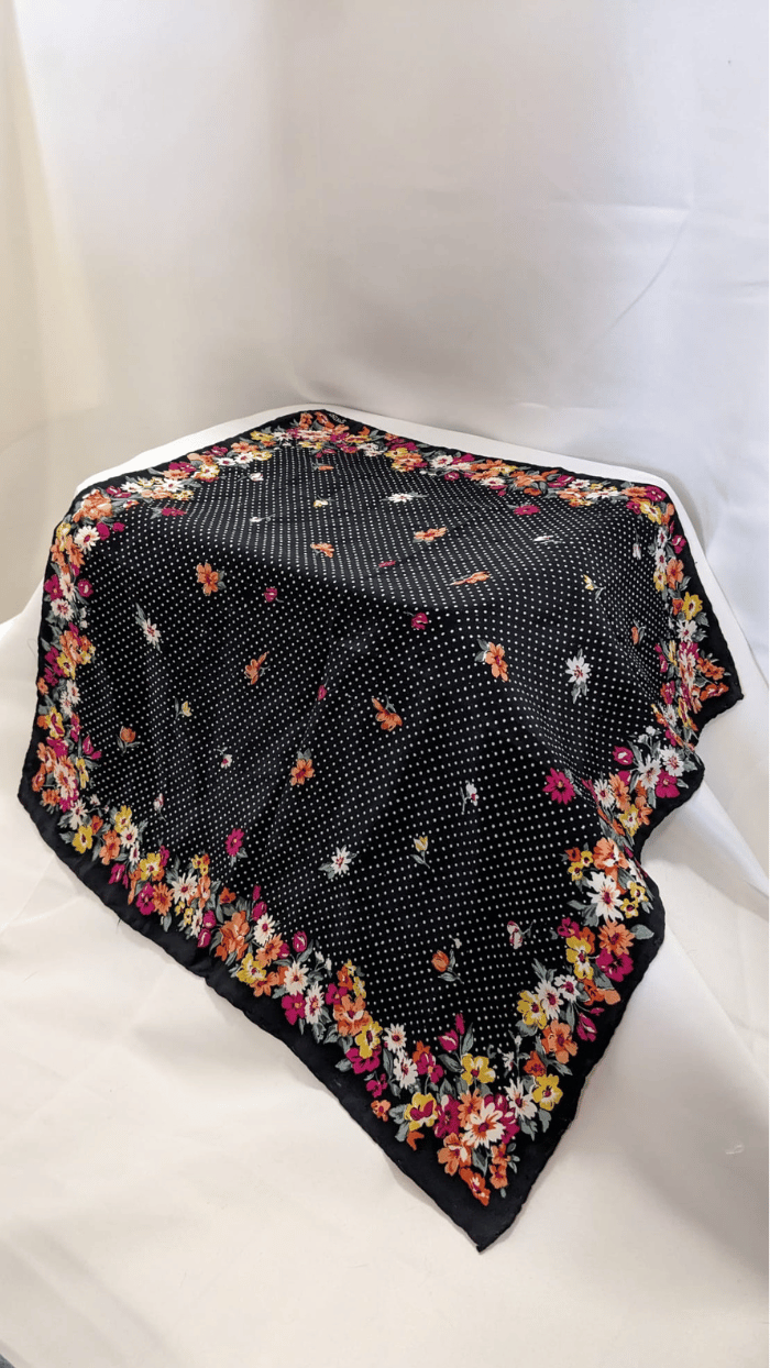 Black polka dot scarf with floral pattern